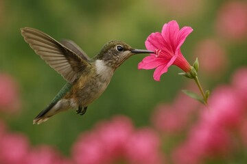 Naklejka premium A delicate hummingbird graces the scene with its vibrant pink flower, a moment of nature's harmony