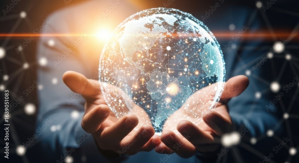 Aufkleber global digital network sphere held gently in open hands showcasing futuristic technology and connect