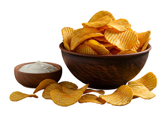 Crispy potato chips and dip isolated on transparent background