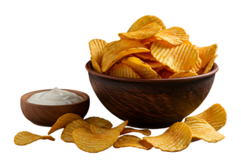 Crispy potato chips and dip isolated on transparent background