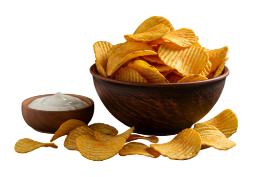 Crispy potato chips and dip isolated on transparent background