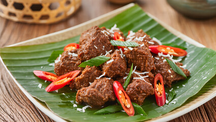Authentic Indonesian beef rendang served on a banana leaf plate, garnished with fresh red chili, kaffir lime leaves, and coconut shavings, traditional Minangkabau style, rich brown sauce, high-resolut