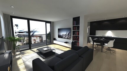 A 100-square-meter luxury minimalist living room with black, white, and gray tones. On the left side, there are large floor-to-ceiling windows leading to a balcony, allowing plenty of natural light.