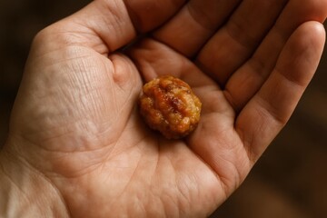 A hand gently cradles a succulent piece of dried fruit