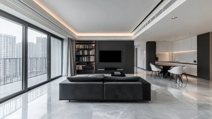 A 100-square-meter luxury minimalist living room with black, white, and gray tones. On the left side, there are large floor-to-ceiling windows leading to a balcony, allowing plenty of natural light.