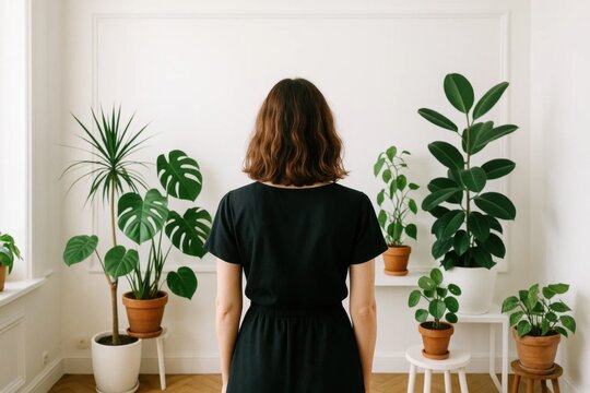 A person stands in front of a wall adorned with potted plants, their back turned to us, inviting us into this serene space