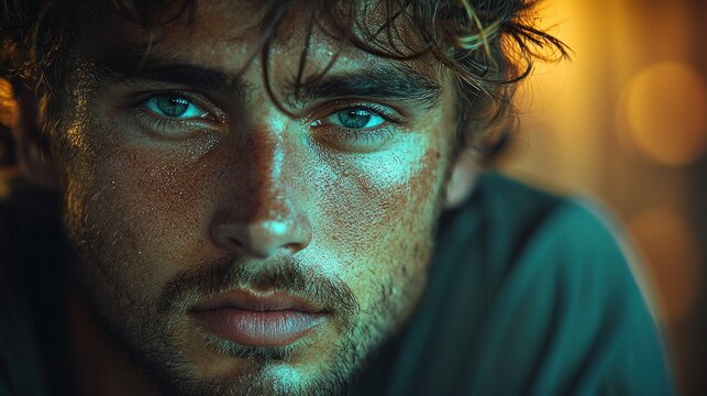 Close-up portrait of a man with expressive eyes.  He has wet, tousled hair, and a serious expression.  Skin is highlighted by light