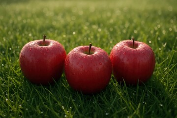 Three apples resting on a lush green field, their vibrant red hues stand out against the verdant backdrop