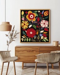 A framed poster with an embroidered floral pattern hanging on the wall, a symmetrical composition, a retro style, a wood grain sideboard and chairs in front of it
