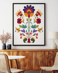 A framed poster with an embroidered floral pattern hanging on the wall, a symmetrical composition, a retro style, a wood grain sideboard and chairs in front of it
