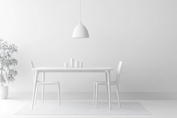create blank & white icon for dining room with rug, 3d angle , outlines 