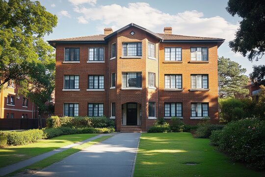 Three-story brick apartment building with symmetrical windows and central entrance surrounded by green lawn and trees under a partly cloudy sky