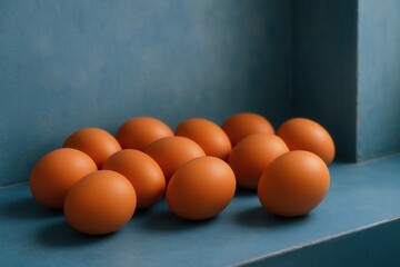 An array of vibrant orange eggs resting on a blue surface, showcasing a harmonious blend of colors and textures
