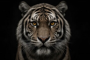 A striking tiger with piercing yellow eyes gazes directly into the camera, its fur patterned in a mesmerizing dance of black and white