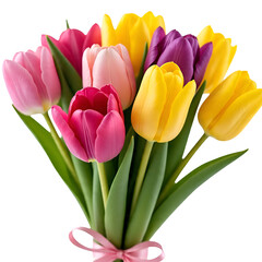 Obraz premium Mixed Color Tulip Bouquet with Ribbon Isolated on White Background