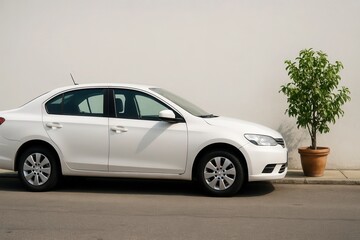 Obraz premium A serene moment captured as a white sedan rests beside a potted plant on an urban street
