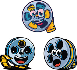 Cartoon Film Reel Vector Illustration Set. Cute and Funny Movie Reel Clipart for Cinema, Entertainment, Animation, and Video Production Design Projects