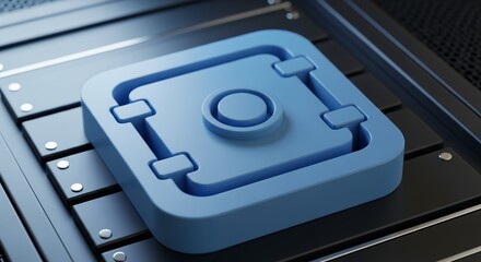 Blue Digital Security Safe Icon on Dark Industrial Background