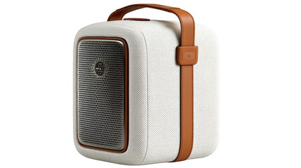 Stylish Cream-Colored Portable Speaker with Tan Leather Handles.