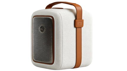 Stylish Cream-Colored Portable Speaker with Tan Leather Handles.
