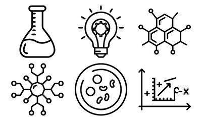 Science and Laboratory Line Icons Chemistry, Physics, Biology, Space, Robotics, Data, and Medical Vector Icon Set for Education, Research, and STEM Projects