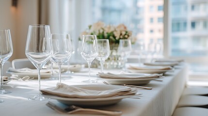 Elegantly set table ready for a celebration or event in a modern venue with a beautiful city view
