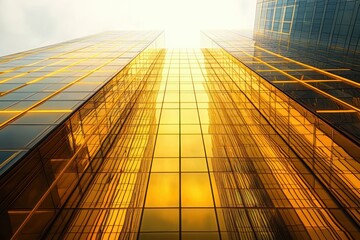 Upward view of modern glass skyscrapers with golden reflective surfaces creating bright and warm lighting effect under cloudy sky