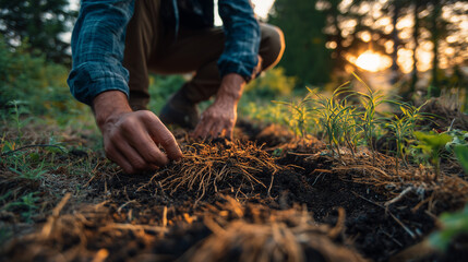 Farmer Planting Seeds in Soil at Sunset