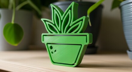 Close-up of Green 3D Printed Plant and Pot Icon on Wooden Shelf