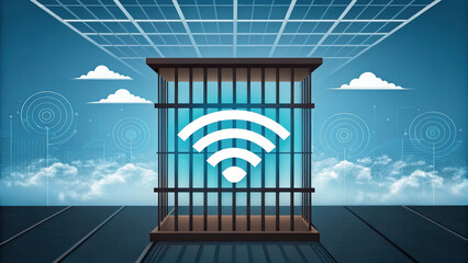 Wi-Fi signal trapped inside a jail symbolizes internet censorship and restricted access globally