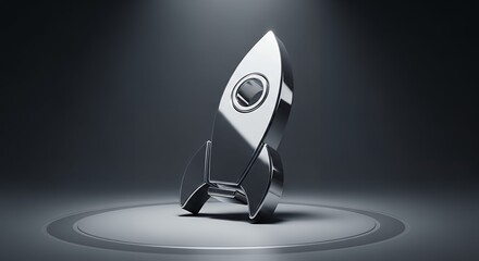3D Shiny Chrome Rocket Icon on Studio Stage Representing Business Startup Launch and Technology Success