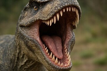 Obraz premium A Close-Up of a Tyrannosaurus Rex's Roaring Mouth