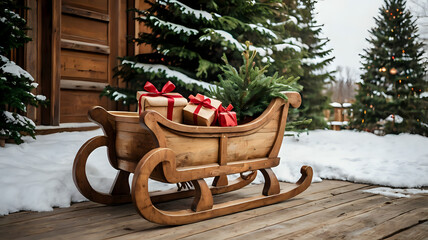 santa claus on a bench, Rustic Wooden Sleigh Filled with Wrapped Gifts and Christmas Tree