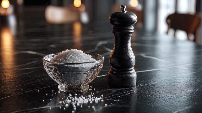 clear glass bowl filled with coarse sea salt, next to an elegant black pepper grinder, both on a dark anthracite stone kitchen, realistic modern surface