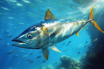 A large silver and yellow tuna swimming underwater surrounded by smaller fish in clear blue ocean water with sunlight filtering from above