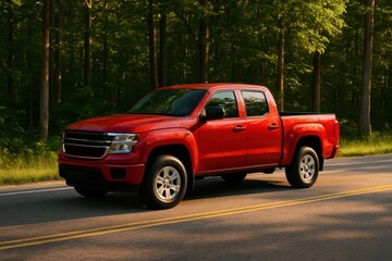 A vibrant red pickup truck cruises along a serene forest road, embodying the spirit of adventure in tranquility