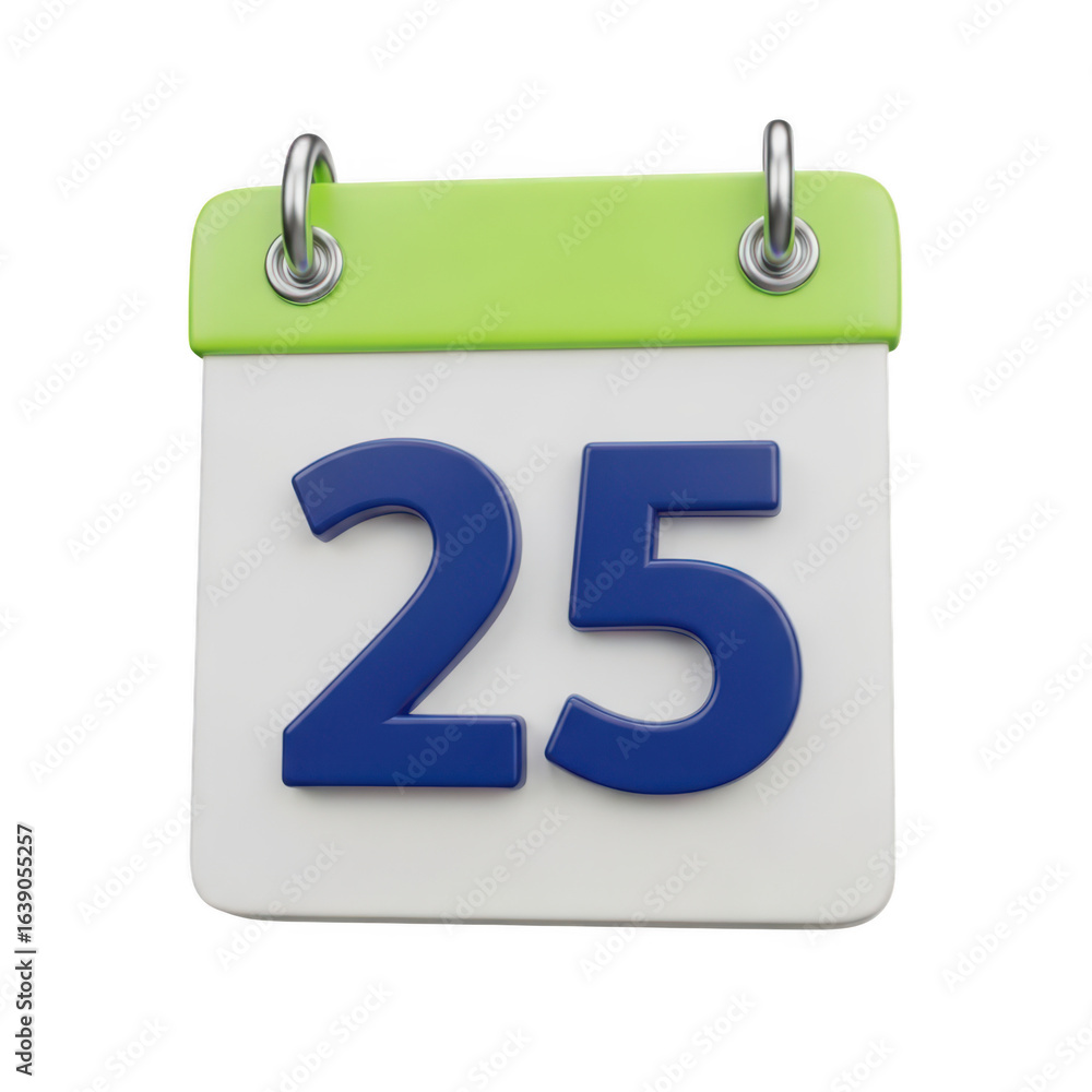 Poster 3d icon of 3d render of a calendar page showing the 25th day, isolated on transparent background