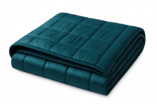 Soft quilted teal weighted blanket folded neatly, providing comfort and tranquility, isolated on a transparent background