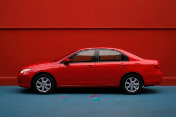 Obraz premium A solitary red sedan stands out against a bold red backdrop, its sleek design and vibrant color creating a striking contrast