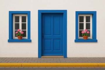 Obraz premium A serene corner of a quaint town, where the vibrant blue door stands out against the pristine white walls, adorned with delicate pink flowers in pots on either side