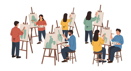 Art Class in Session Students engaged in creative painting activities on easels, capturing the joy of artistic expression and skill development for educational or creative projects.