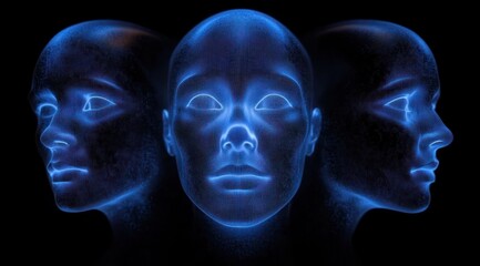 Three glowing blue digital human faces showing front and side profiles with a futuristic and technological vibe on a black background