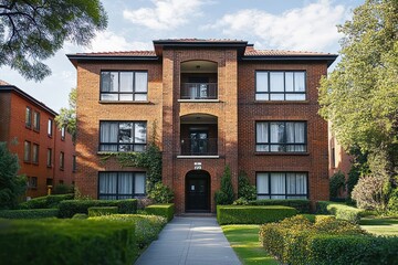 Three story brick apartment building with symmetrical windows, balconies, surrounded by trimmed hedges and greenery on a sunny day
