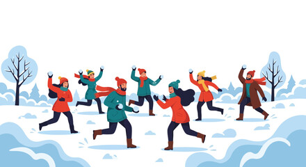 Joyful Snowball Fight Illustration Depicting Winter Fun and Outdoor Activity for Seasonal Greetings, Holiday Promotions, and Family-Friendly Winter Event Announcements.