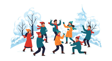 Festive Winter Fun Snowball Fight Illustration Capturing the Joy of Outdoor Play and Winter Activities. Ideal for showcasing winter holiday themes, seasonal greetings, or family activity promotions.