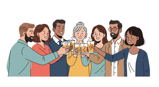 Diverse Group Toasting with Drinks Illustration for Celebrations, Gatherings, and Social Events. Ideal for representing friendship, community, and festive occasions in marketing materials.