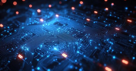 Close-up view of illuminated blue electronic circuit board with glowing pathways and orange light spots, conveying high technology and digital complexity