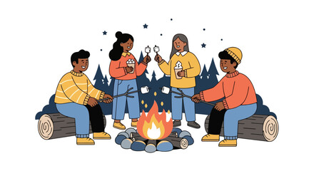 Group of Friends Gathered Around a Campfire Roasting Marshmallows and Enjoying Hot Drinks Under a Starry Night Sky, Perfect for Illustrating Outdoor Adventures, Friendship, and Cozy Winter Activities.