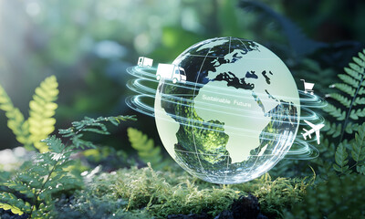 Eco-friendly global supply chain concept with a digital earth hologram and transport icons in a lush, green nature setting
