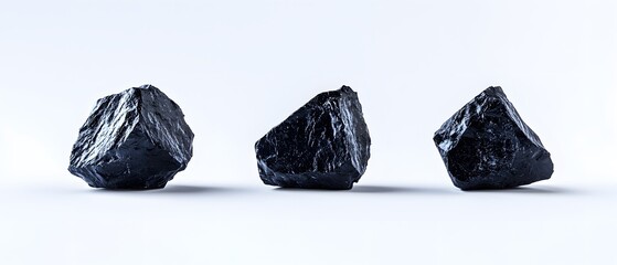 Three pieces of raw black coal arranged in a row. An isolated studio shot of the fossil fuel mineral on a clean white background